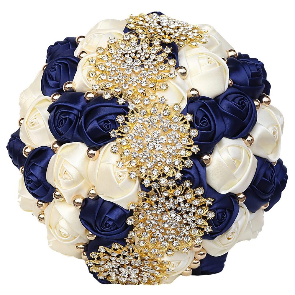 7931 Bridal Wedding Bouquet with Gold Rhinestone Pearl for Quinceanera
